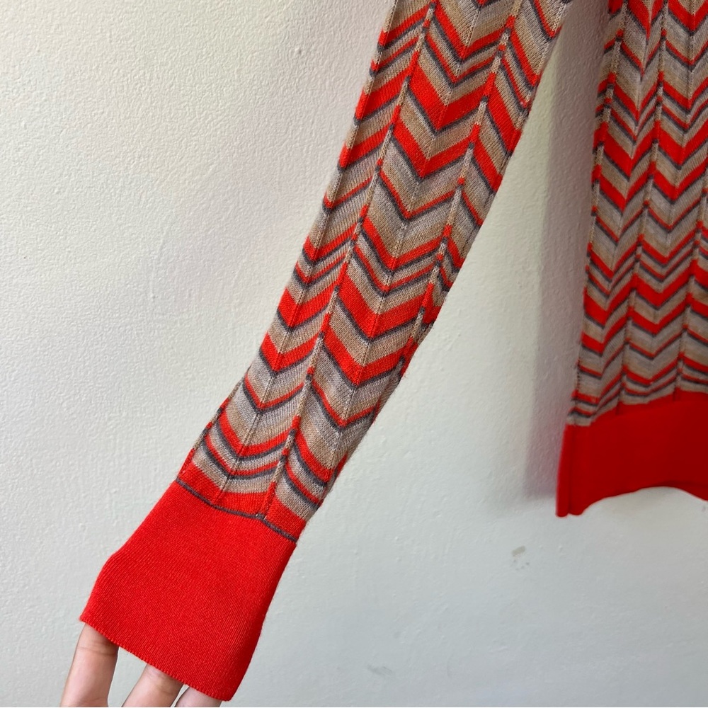LOFT Orange Wool Blend Chevron Printed Lightweight Buttoned Cardigan Sweater - Picture 3 of 12
